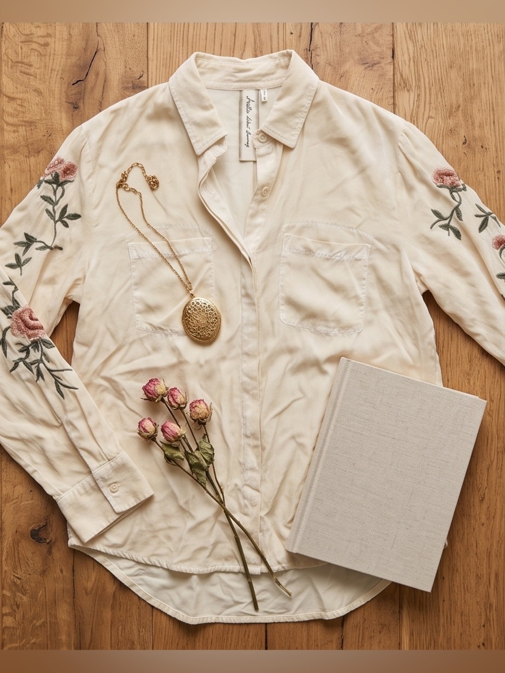NWT Aratta Cream Button-Down Shirt with Embroidered Sleeves